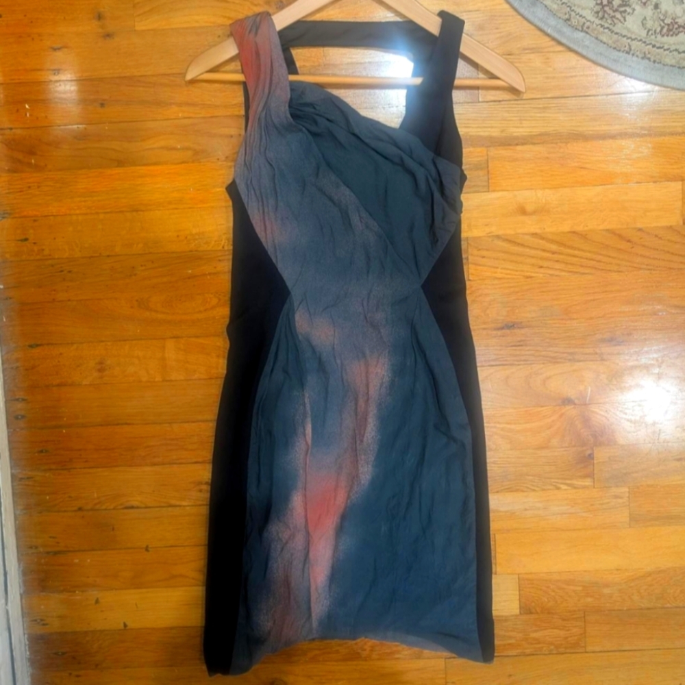 Helmut Lang Black and Red One Shoulder Sheath Dress